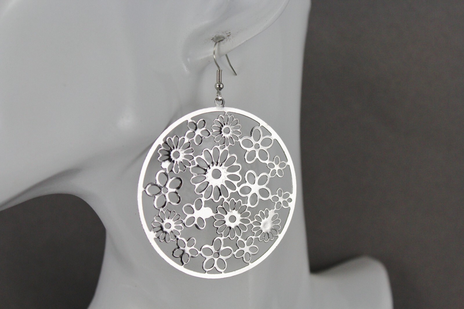 Silver flower filigree round disc earrings medallion 2.75″ long very lightweight