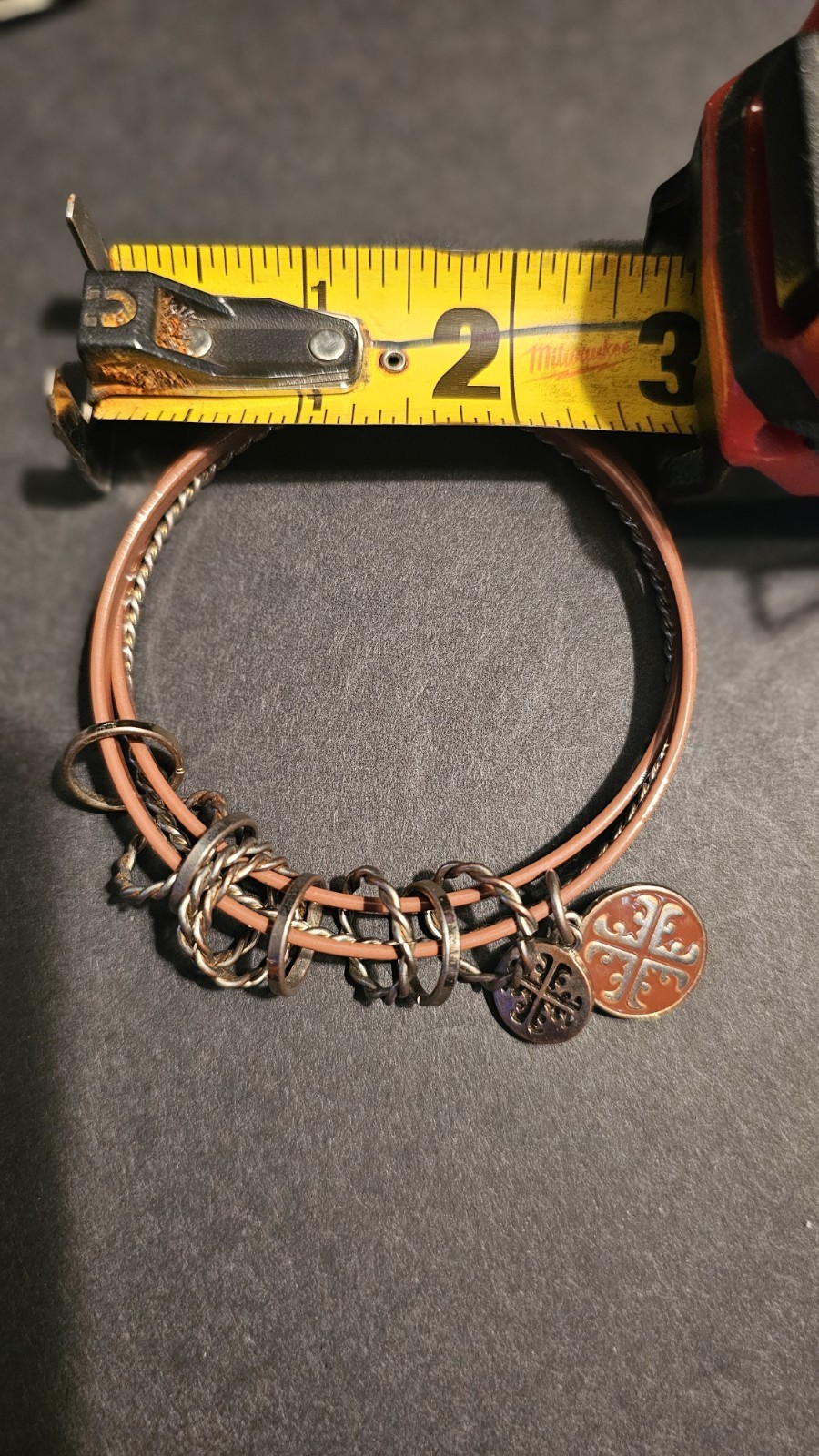 Brown Leather Wire Bangle Cuff Bracelet w/ Round Cross Dangle Charms