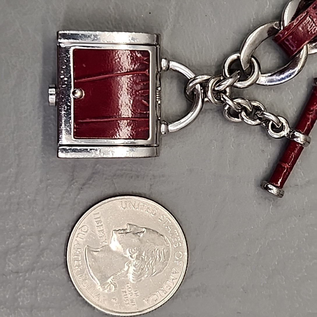 Ecclissi Bracelet Purse Charm Watch Red Faux Leather Silver Tone Chain 7″