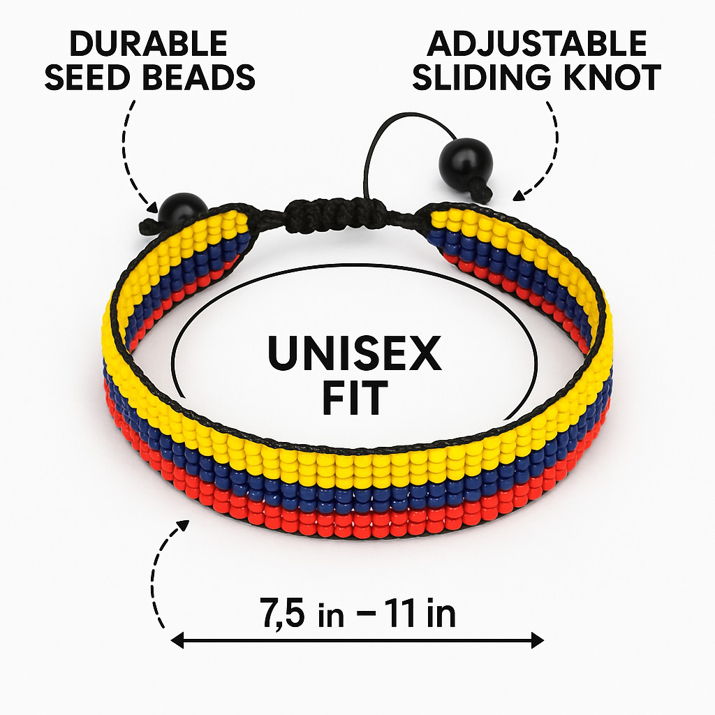 Colombia Flag Bracelet: Handmade Bracelet, Adjustable Beaded String Boho-Style