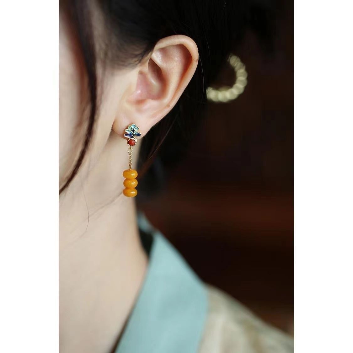 Amber Cloud Earrings Enamel Tassel Drop Dangle Chinese Style Vintage Jewelry