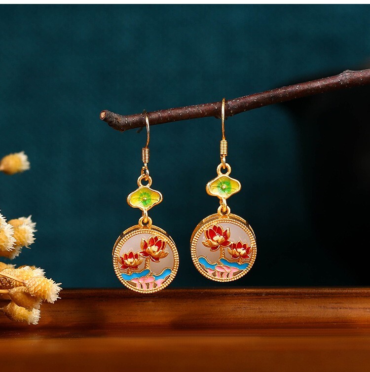 Jade Enamel Drop Dangle Earrings Retro Flower Dainty Gemstone 18K Gold Plated