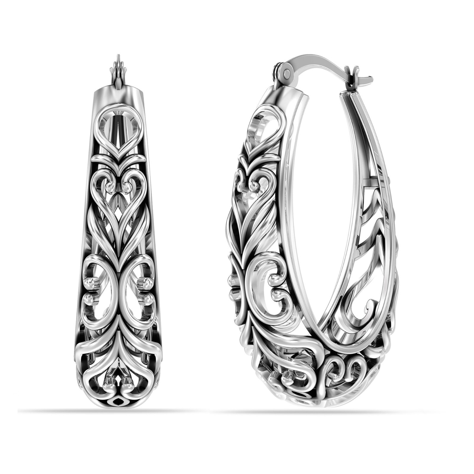 LeCalla 925 Sterling Silver Post Filigree Oval Hoop Earrings for Women Teen 32mm