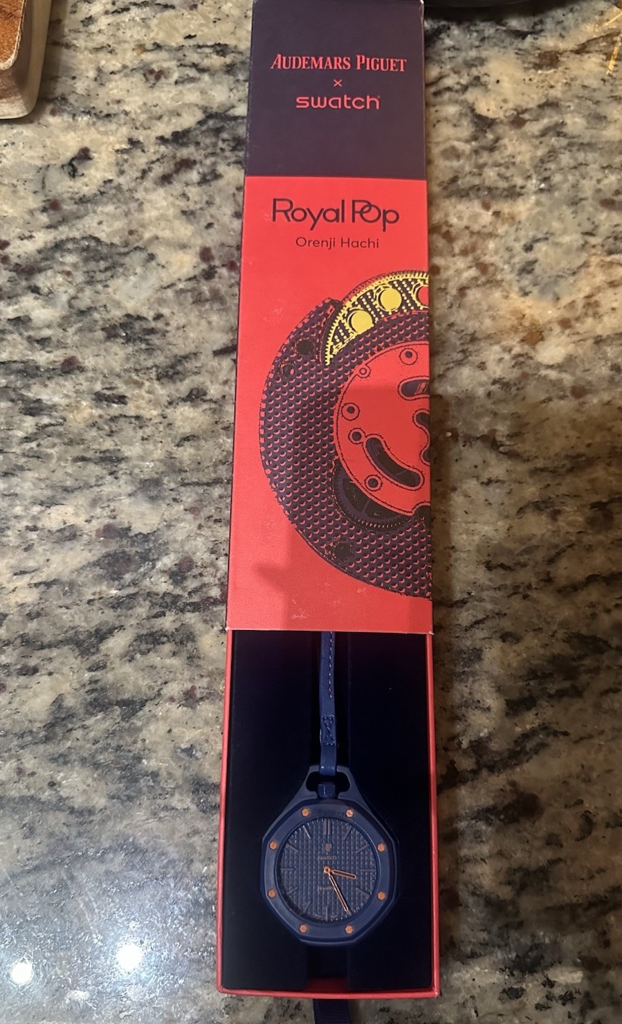 Swatch Royal Pop Orenji Hachi Quartz Octagon Analog Watch Blue Rubber Strap Box