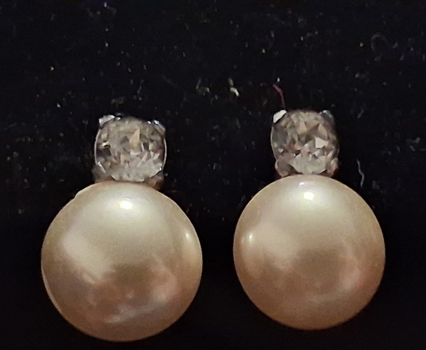 Vintage Mazer Bros Sterling Silver Faux Pearl Clear Rhinestone Clip On Earrings
