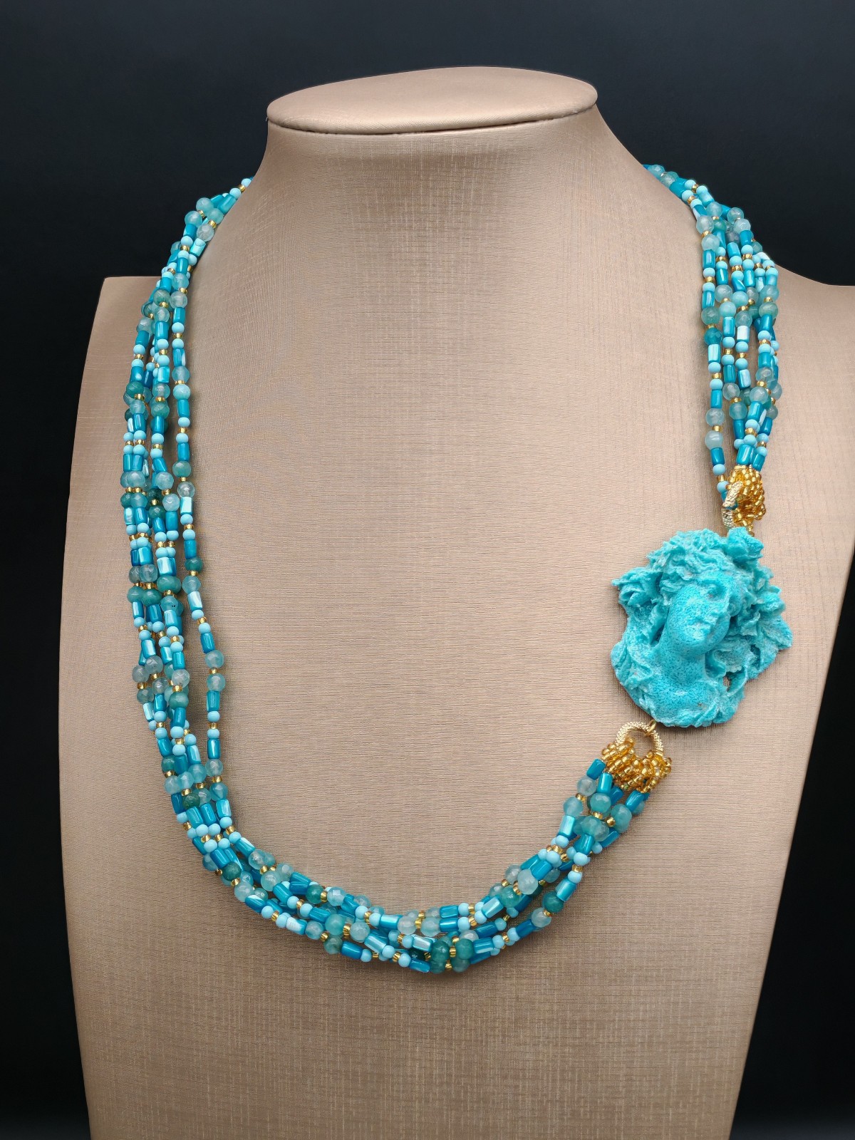 Women Turquoise Cameo Multifilament Elegant Mother of Pearl Necklace Made in Italy