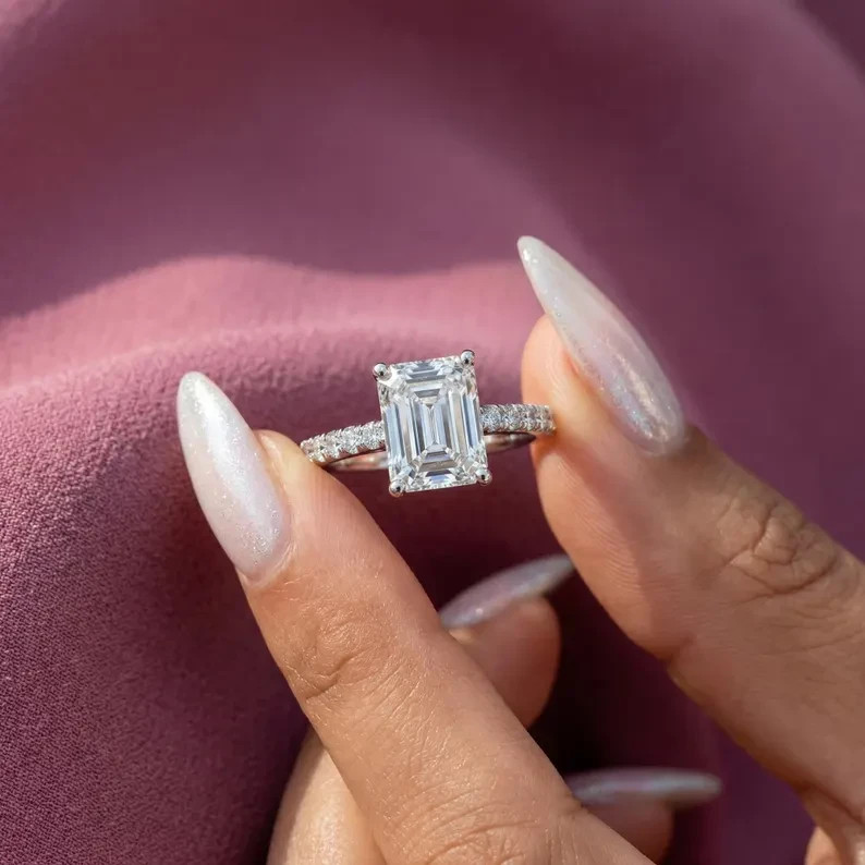 Best Offer For Engagement Ring ! Emerald Cut Lab Grown Diamond 14k White Gold