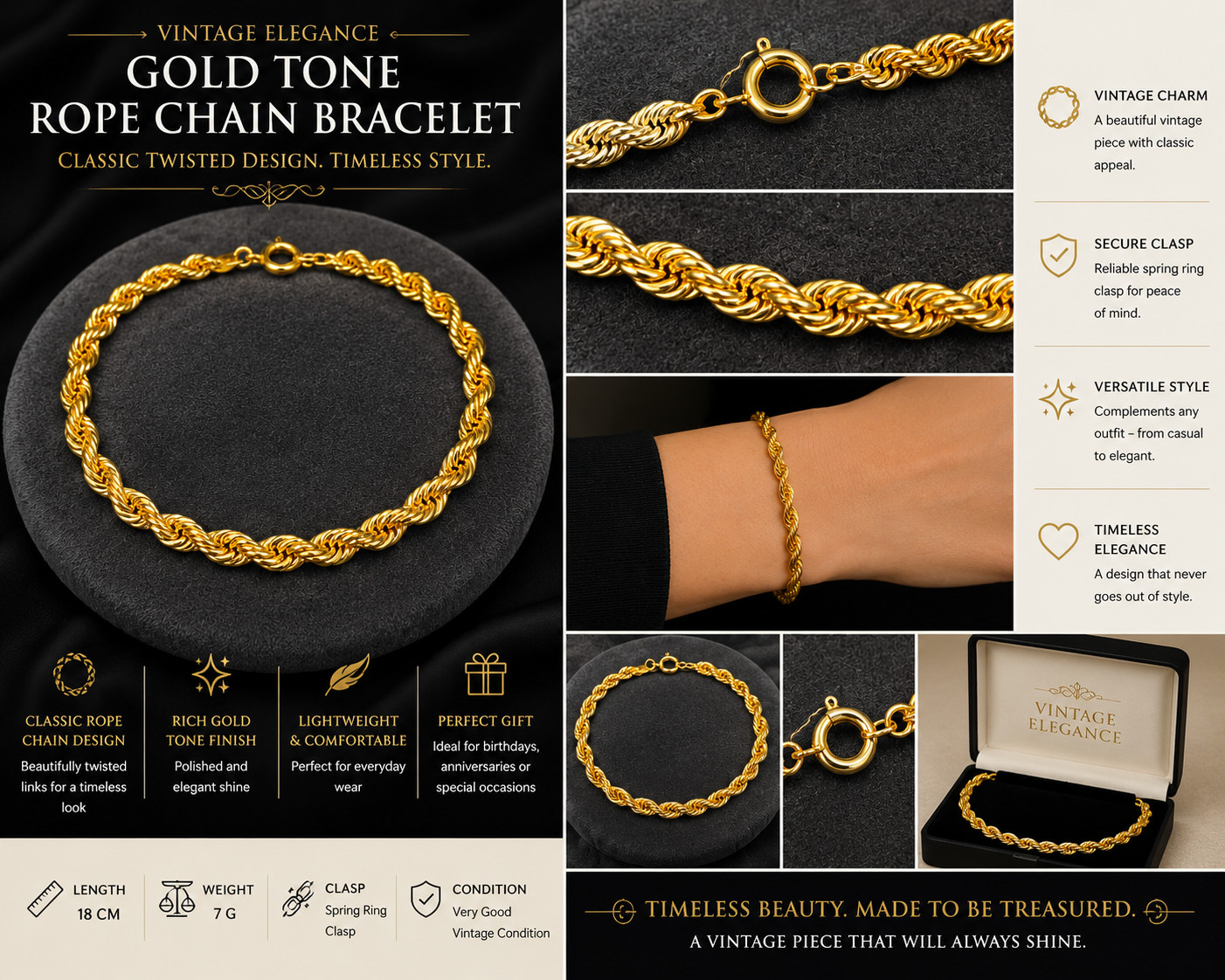 Vintage Gold Tone Rope Chain Bracelet Twisted Link 18cm Classic Retro Jewellery