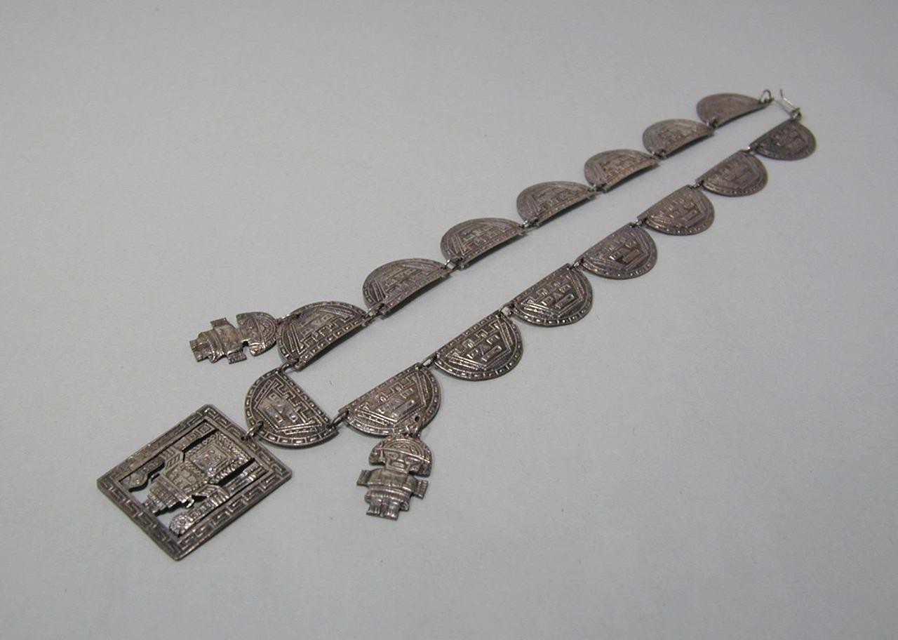Vintage Peru 900 Silver Inca Tumi Panel Statement 16 1/2″ Necklace Choker Signed
