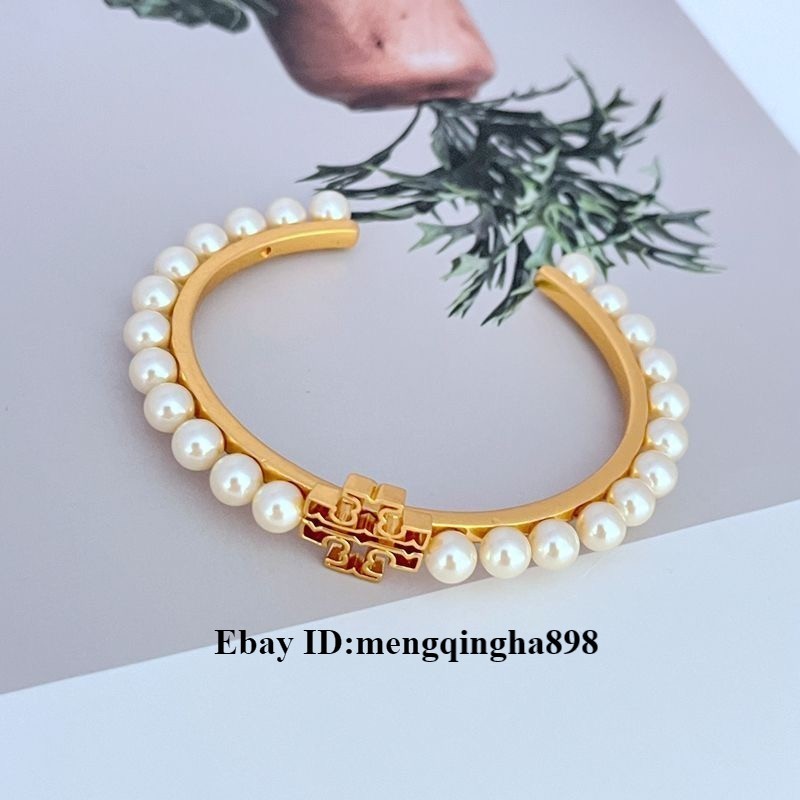 New Tory Logo Pearl Cuff Bangle Ivory OS with Jewelry Pouch