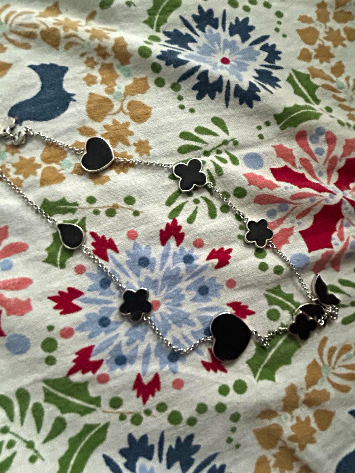 Lauren G Adams Cable Chain Station Necklace Black Heart Clover Charms Signed