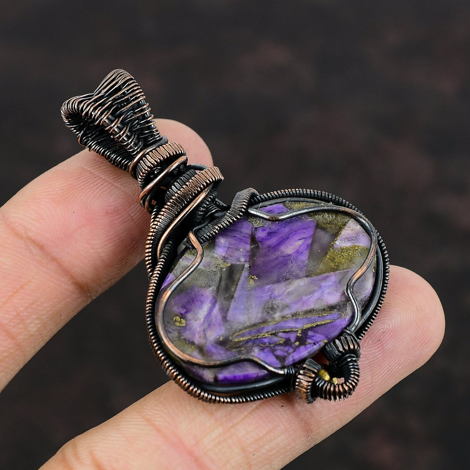 Women Day Gift Russian Charoite Wire Wrapped Pendant Copper For Women 2.36″