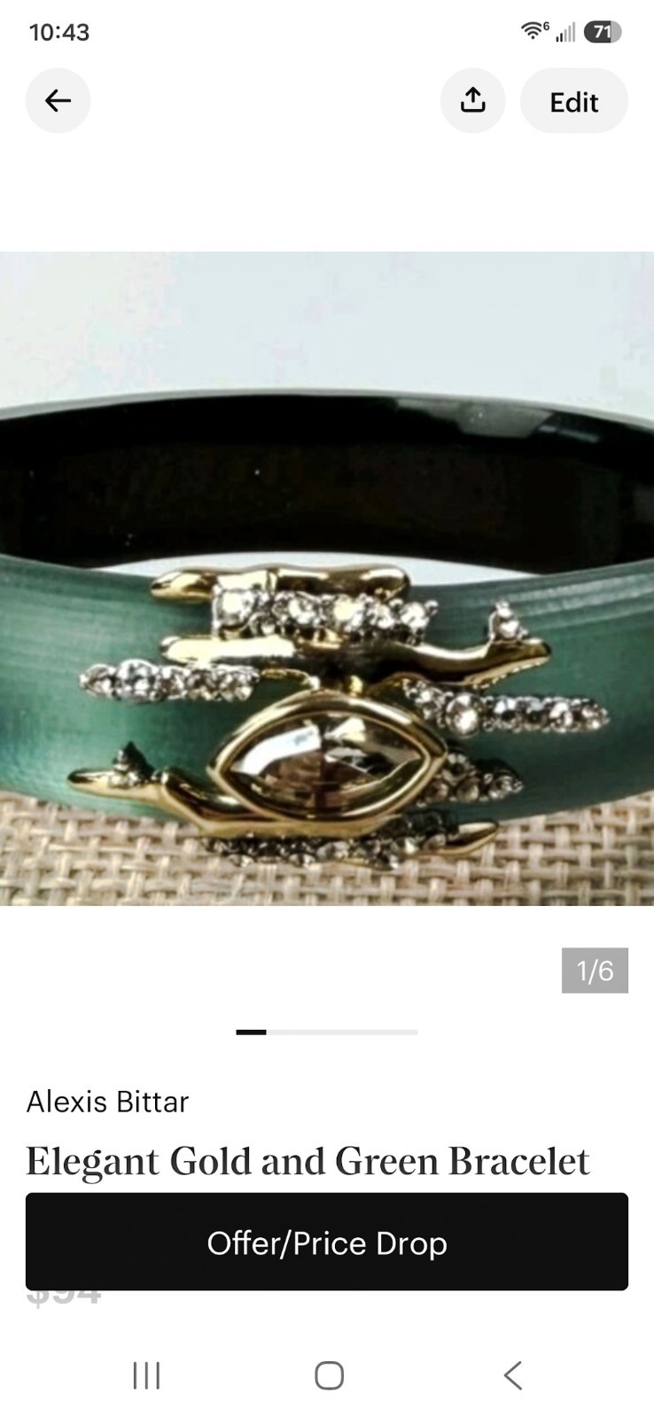 Alexis Bittar Gold & Green Asymmetrical Bangle Bracelet w/ Marquise Crystals