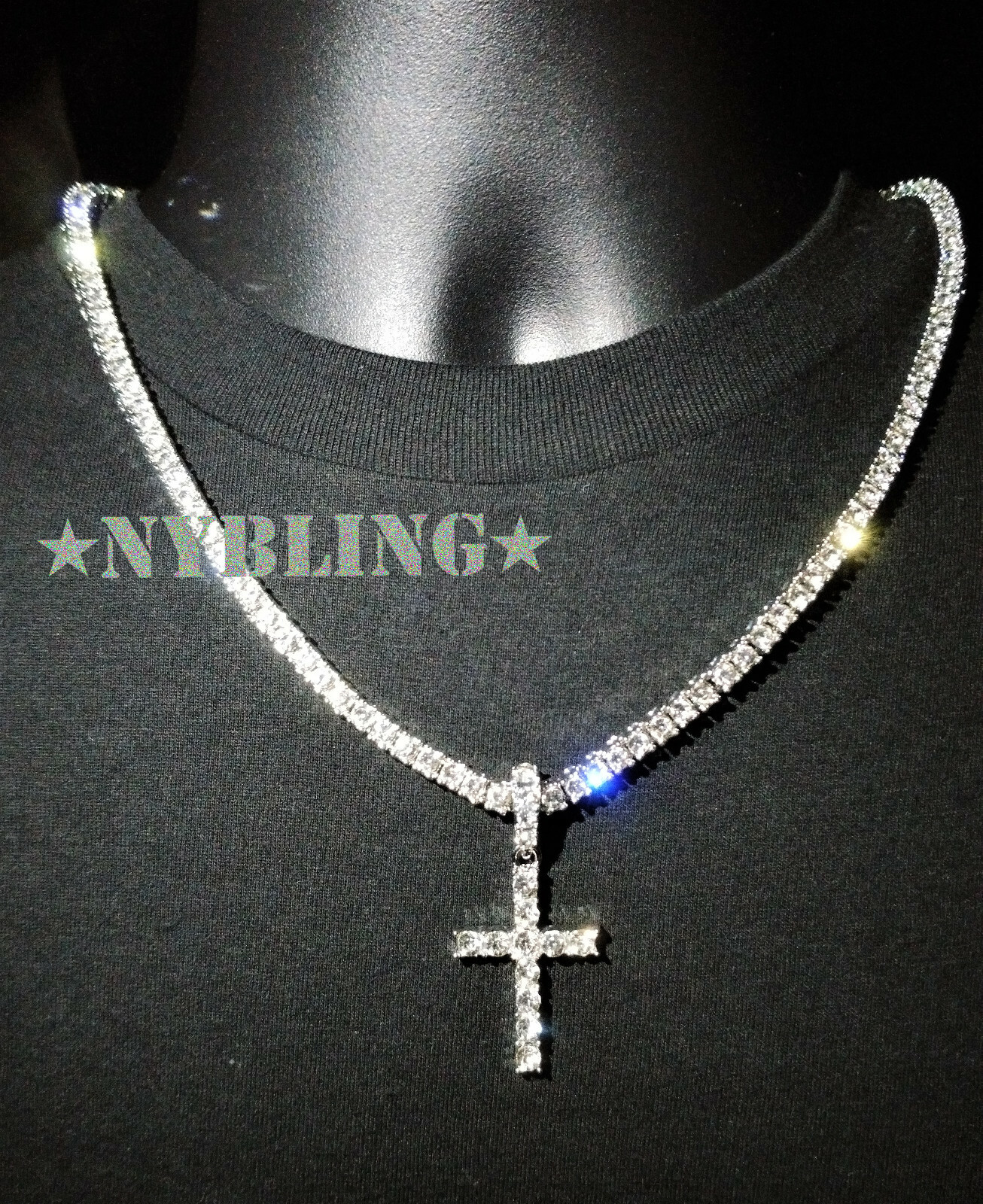 14k Gold Plated 5MM Tennis Chain with Cross Pendant ICED Choker CZ Necklace