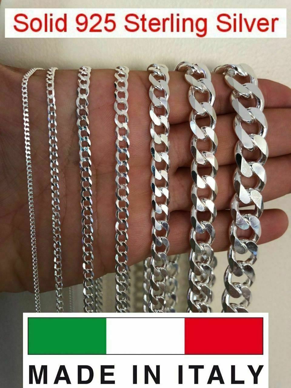 Real Solid 925 Sterling Silver Cuban Chain Men’s Women’s 2-16mm Italy Necklace