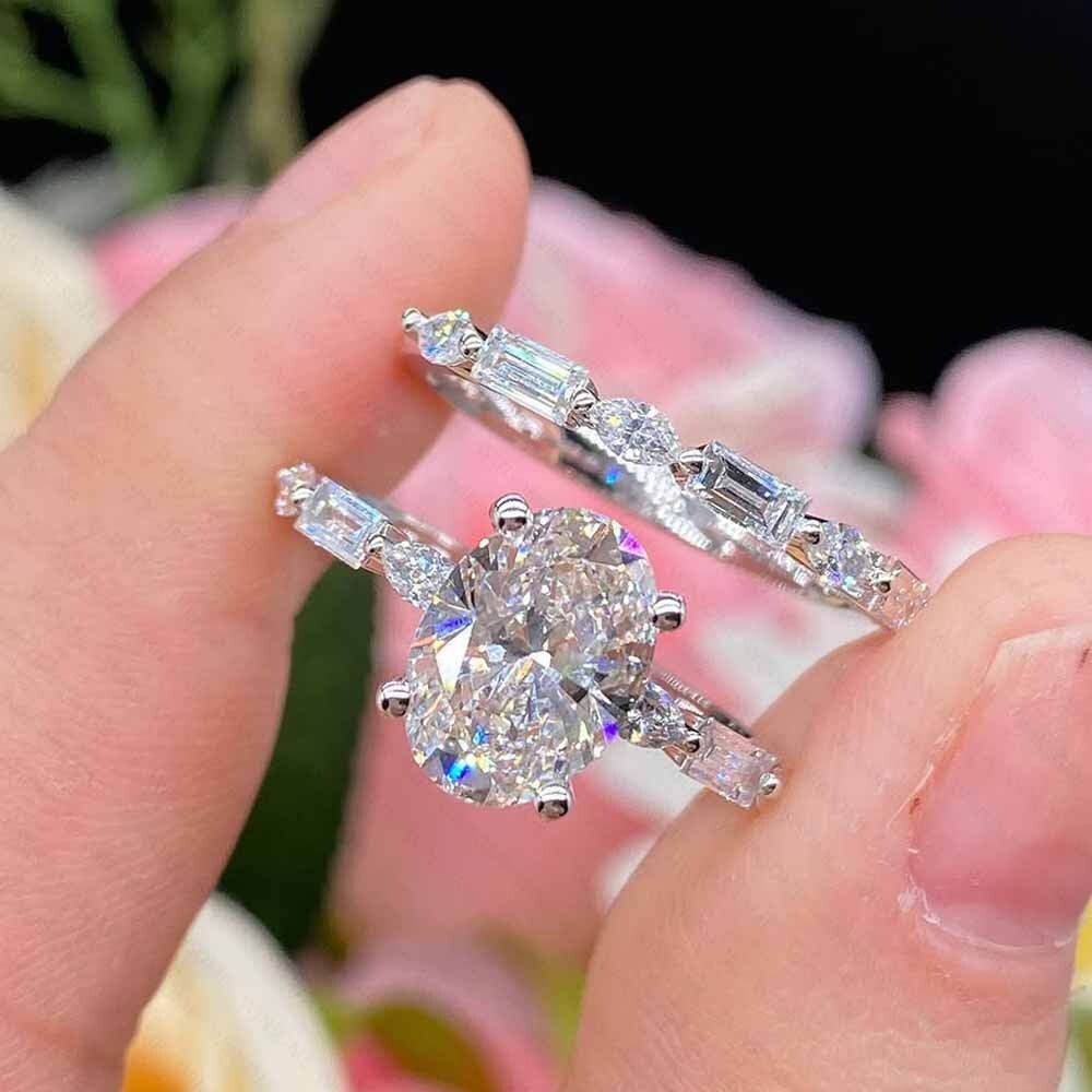 Moissanite Solitaire With Accents Ring with Matching Band 14K White Gold Plated