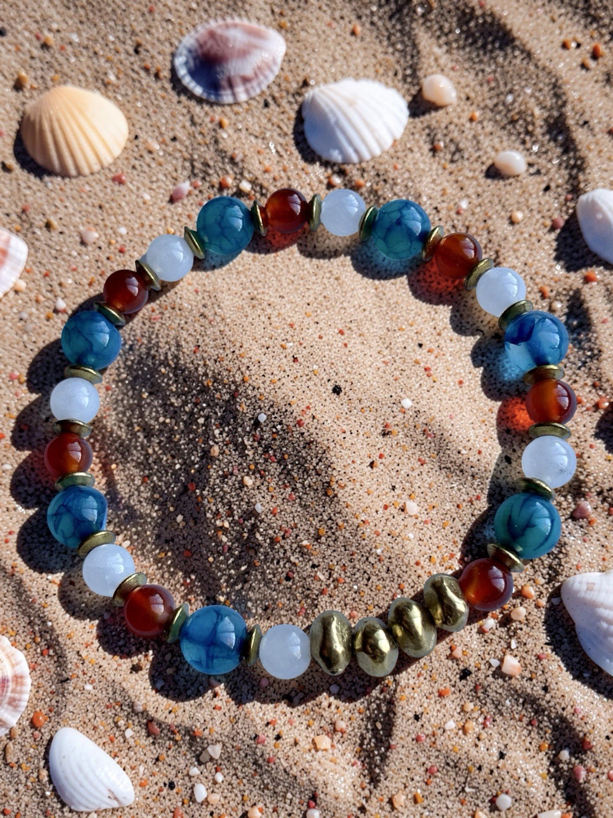 Independence Day Patriotic Stretch Gemstone Bracelet, With Solid Brass Nuggets