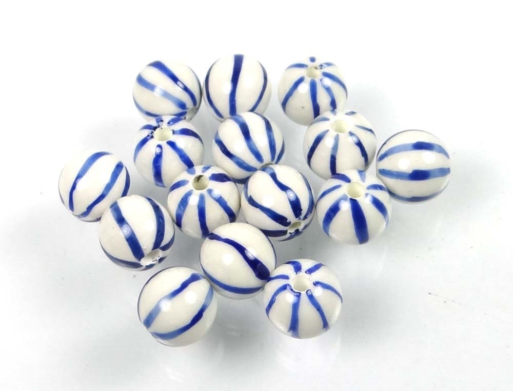 10mm Blue White Porcelain Melon Round Beads (10)