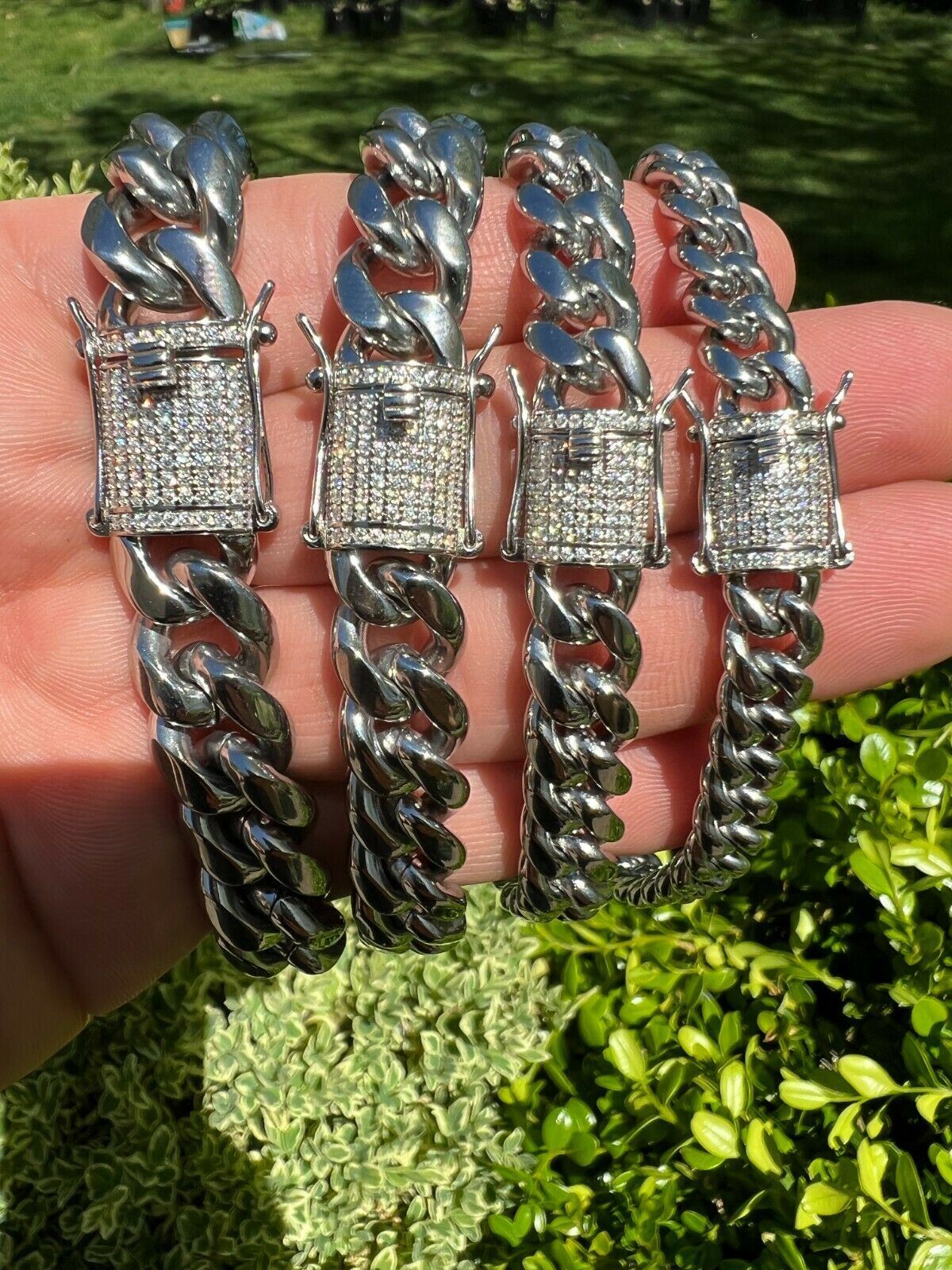 Miami Cuban Link Stainless Steel Chain Necklace Iced MOISSANITE Clasp Hip Hop