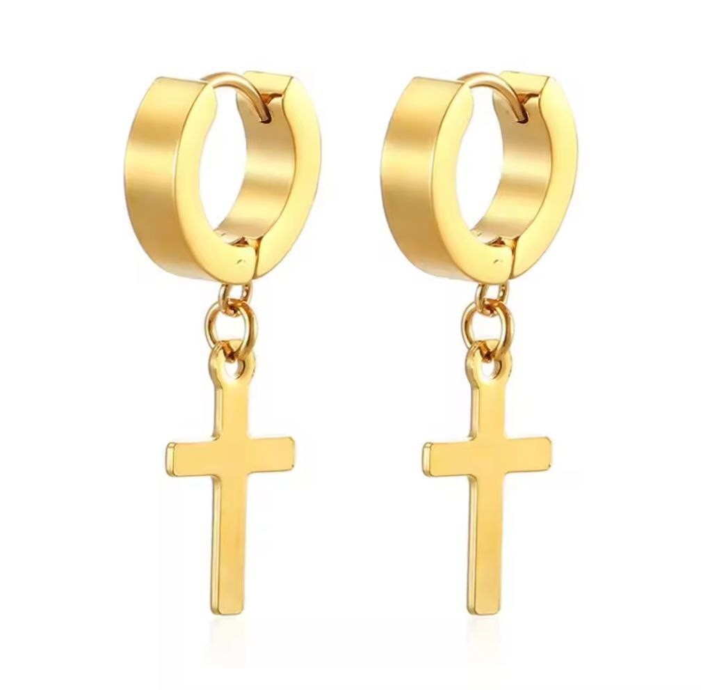 Men’s Women’s Stainless Steel Cross Drop Dangle Loop Huggie Hinged Hoop Earrings