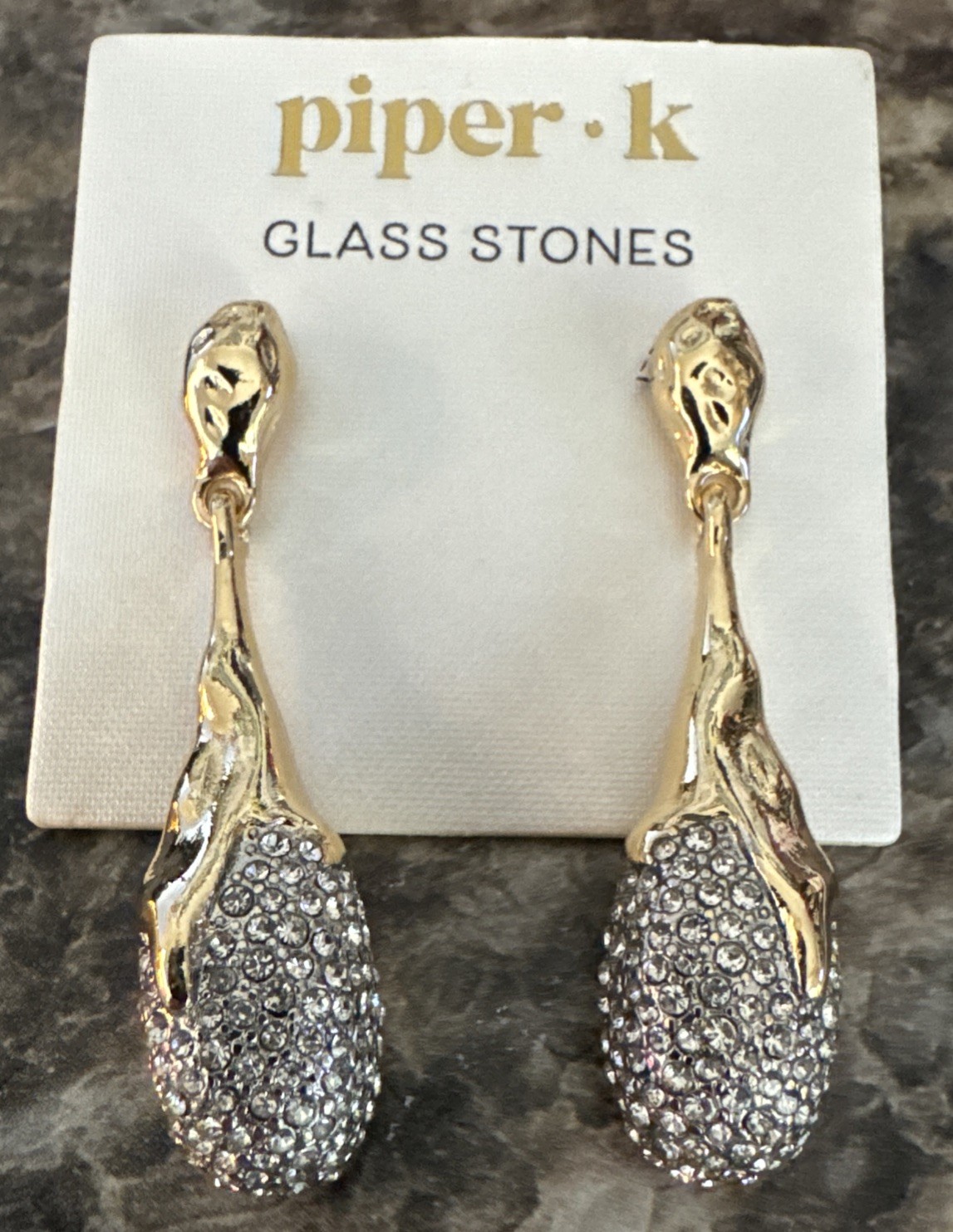 PIPER K GOLD TONE TEARDROP WITH PAVE GLASS STONES EARRINGS NEW ON CARD