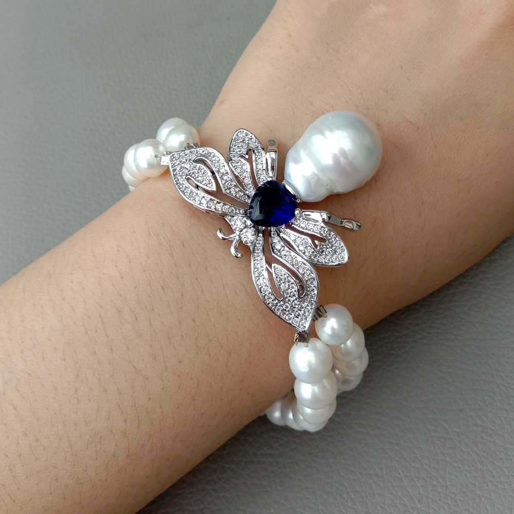 White Cultured Pearl and White Keshi Pearl Cz Bracelet 8″