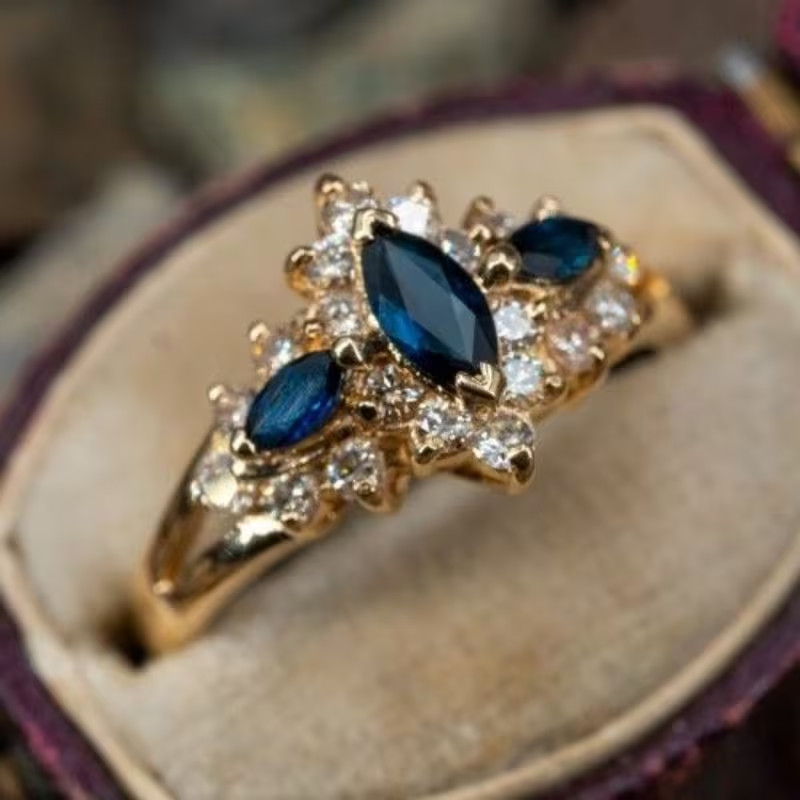 Beautiful Gold Plated Sapphire & Cubic Zirconia Ring, Size 10. FREE SHIP IN USA!