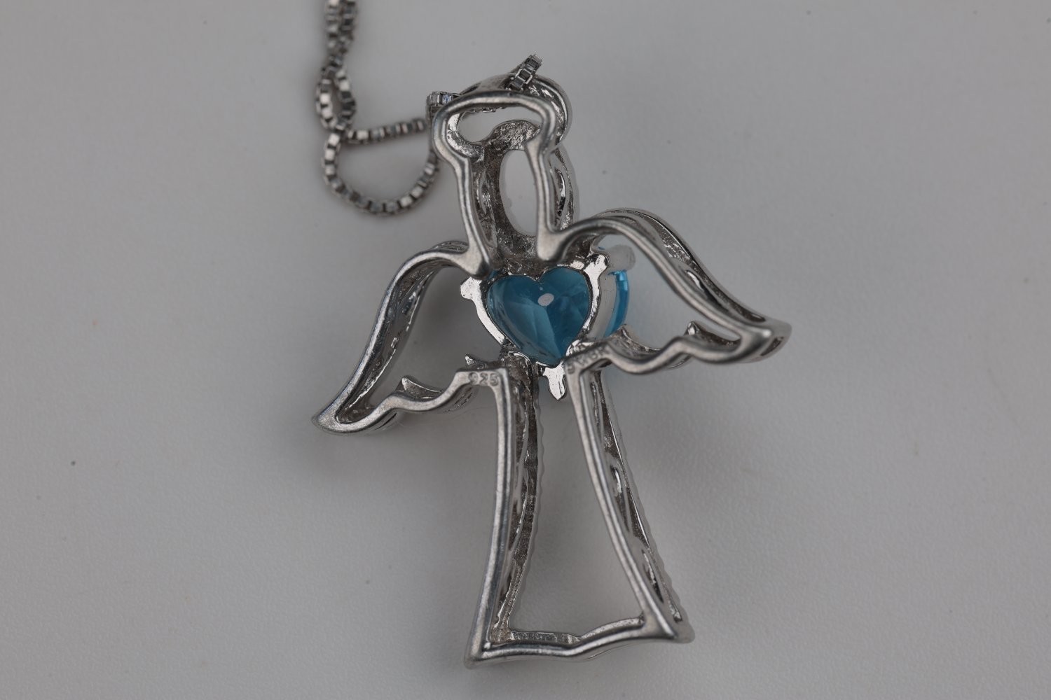 Jwb Sterling Silver 925 Angel Cross Necklace Heart Blue Topaz CZ 18″ Box Chain