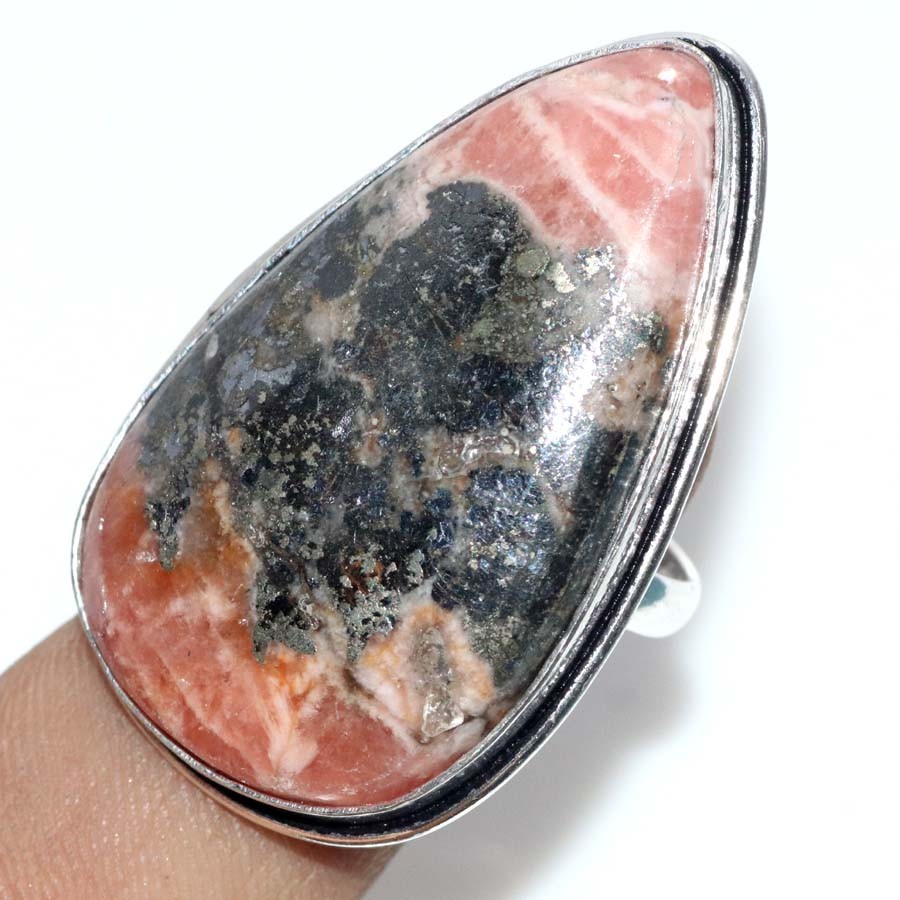 925 Silver Plated Pyrite In Rhodochrosite Ring US 8.5 Christmas Jewelry GW