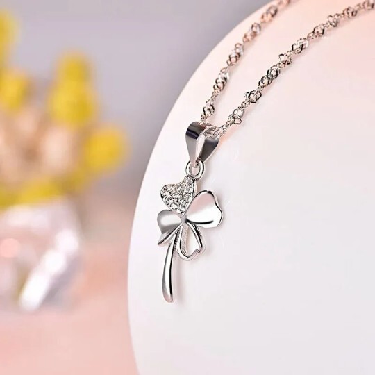925 Sterling Silver, Lucky Clover 4 Leaves Pendant, Short Style Chain, Gift