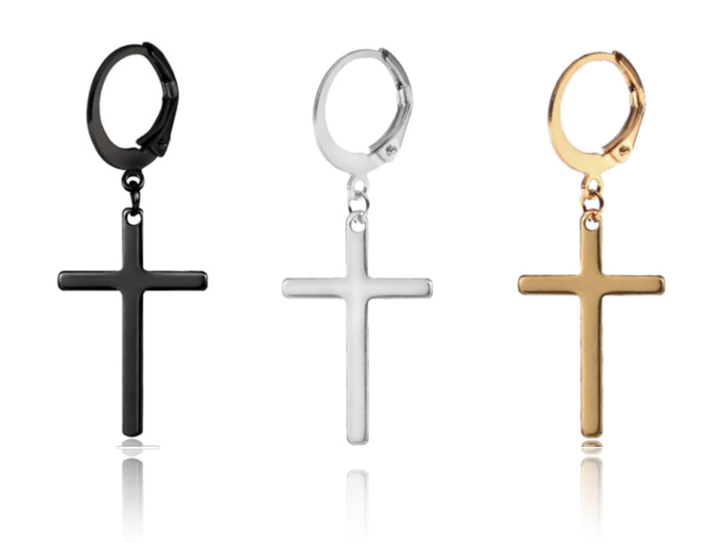 2pc Men Women Stainless Steel Slim Cross Dangle Drop Huggie Earrings Hinged Hoop