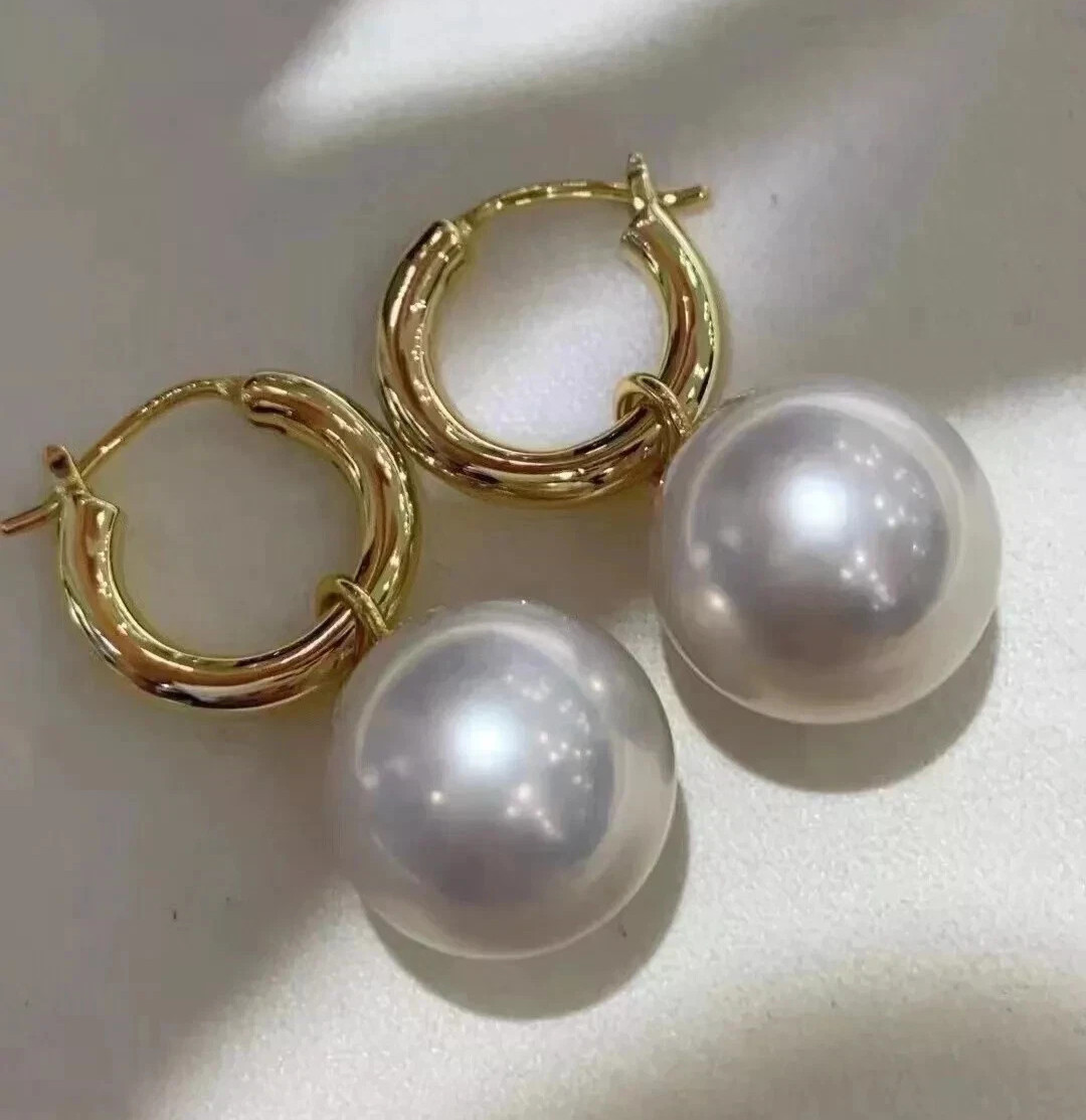 new huge natural 13-14 mm round South Sea white Pearl Earrings 14K YELLOW GOLD