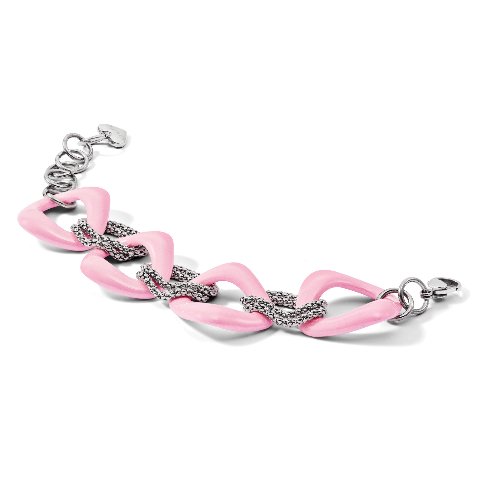 Chisel Stainless Steel Polished with Pink Ceramic 8 inch Open Link Bracelet SRB5