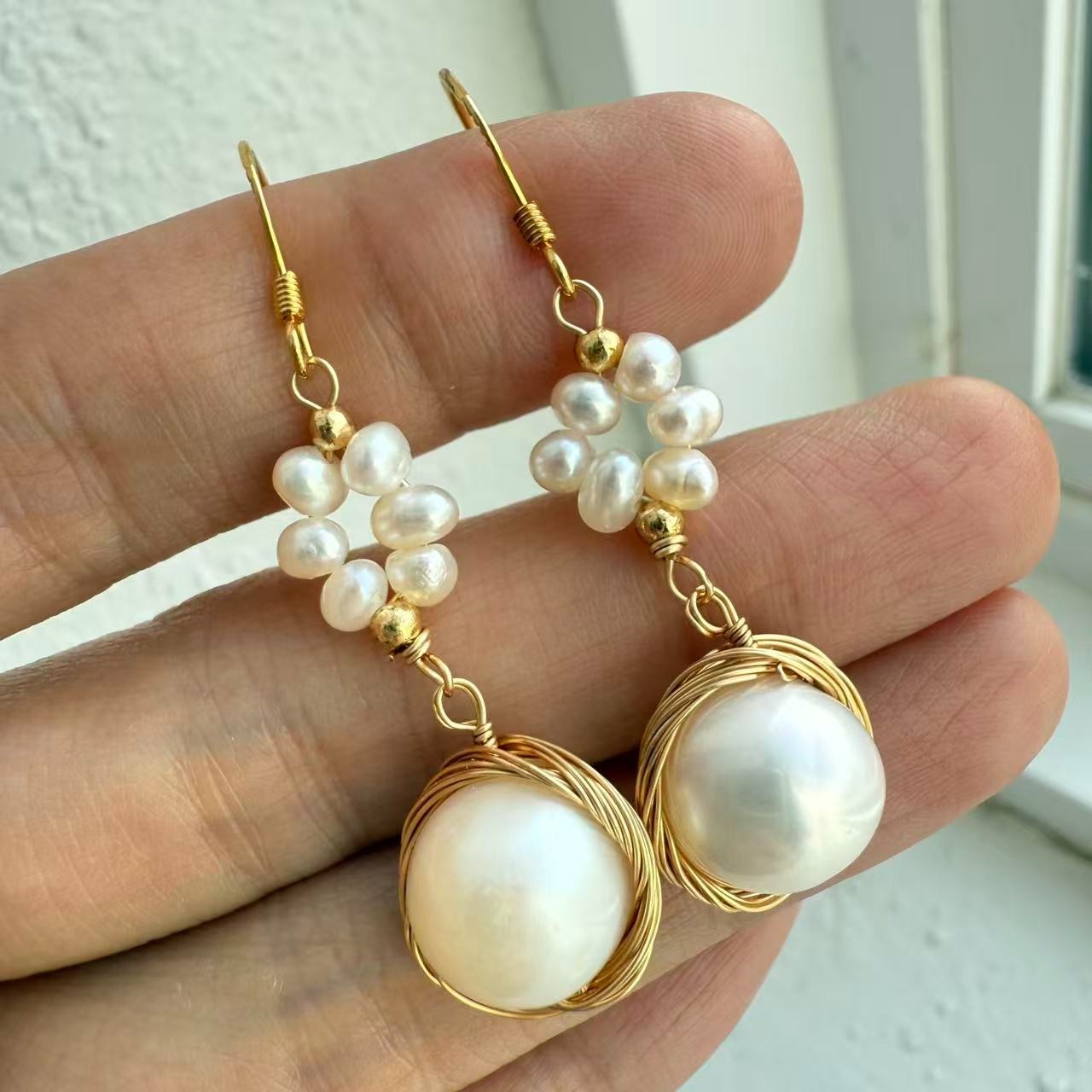 Natural Freshwater Pearl Earrings 925 Sterling Sliver Wire Wrapped Handmade Drop