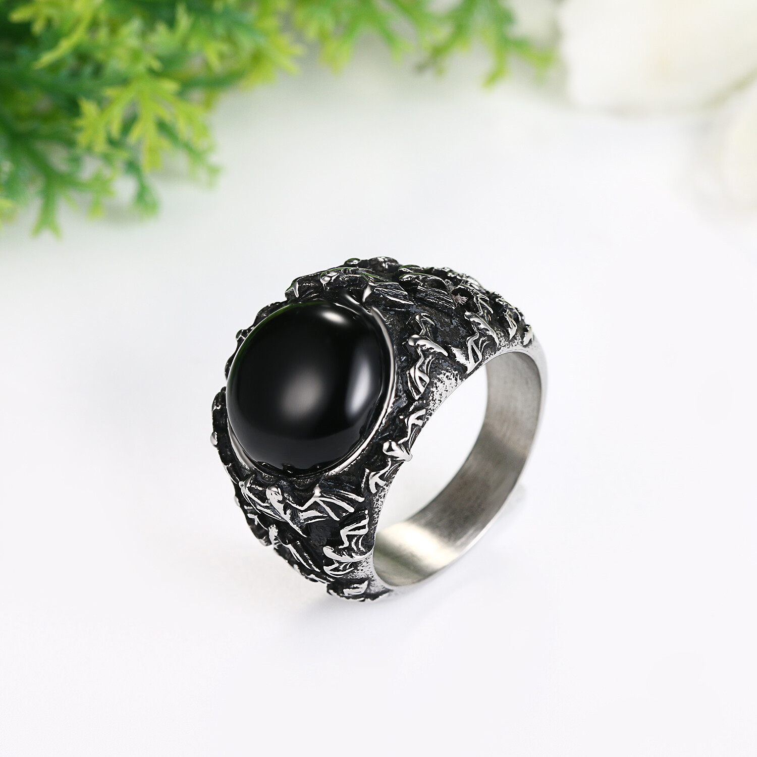 Men’s Gothic Vintage Casted Stainless Steel Bat Black Agate Band Ring Size 7-12