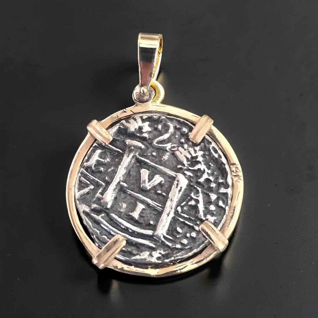 Atocha Shipwreck Silver Coin Pendant Solid 14k Gold Frame Treasure Jewelry