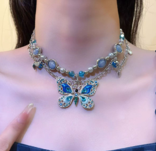 Blue Enamel Butterfly Multi-Layer Beaded Pearl Double Chain Necklace