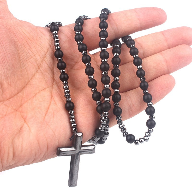 Religious Cross Pendant Black Shining Matte Imitation Agate Gallstone Necklace