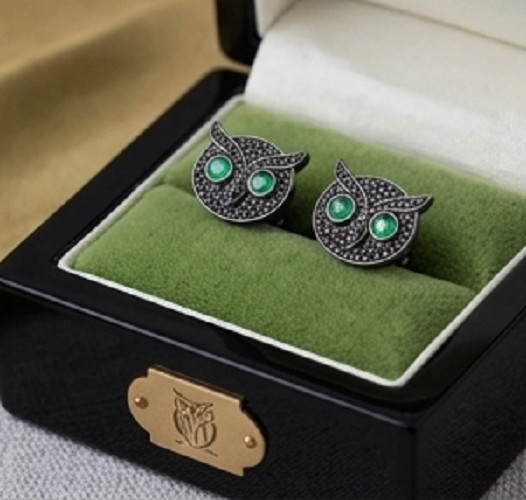 2ct Round Cut Black Onyx/Green Emerald Owl Face Stud Earrings Dark Gold Plated