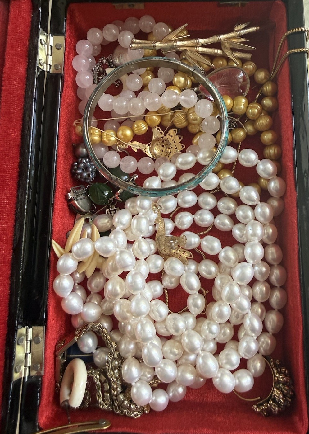 Estate Asian Lacquer Jewelry Box Filled Jewelry 14k Gold Jade Pearl Treasure Lot