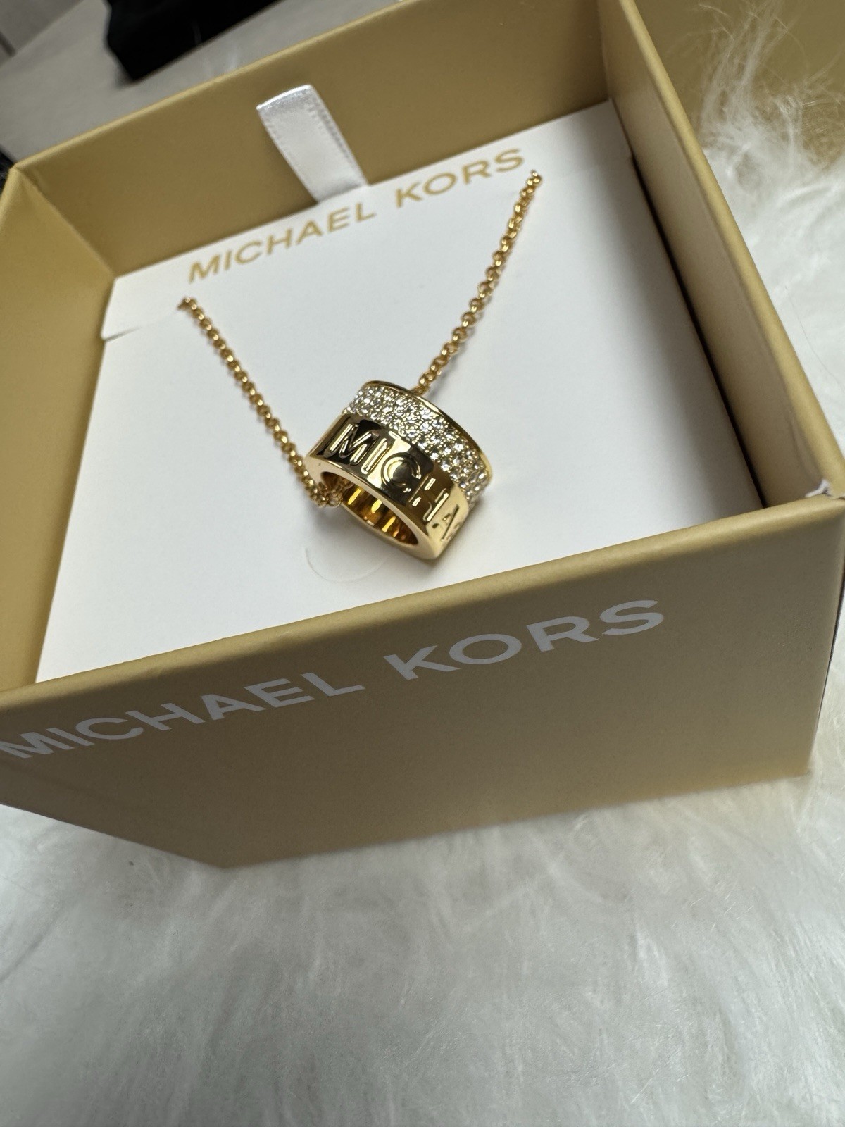 Michael Kors Gold Tone Crystal Pavé Round Barrel Pendant Necklace Chain