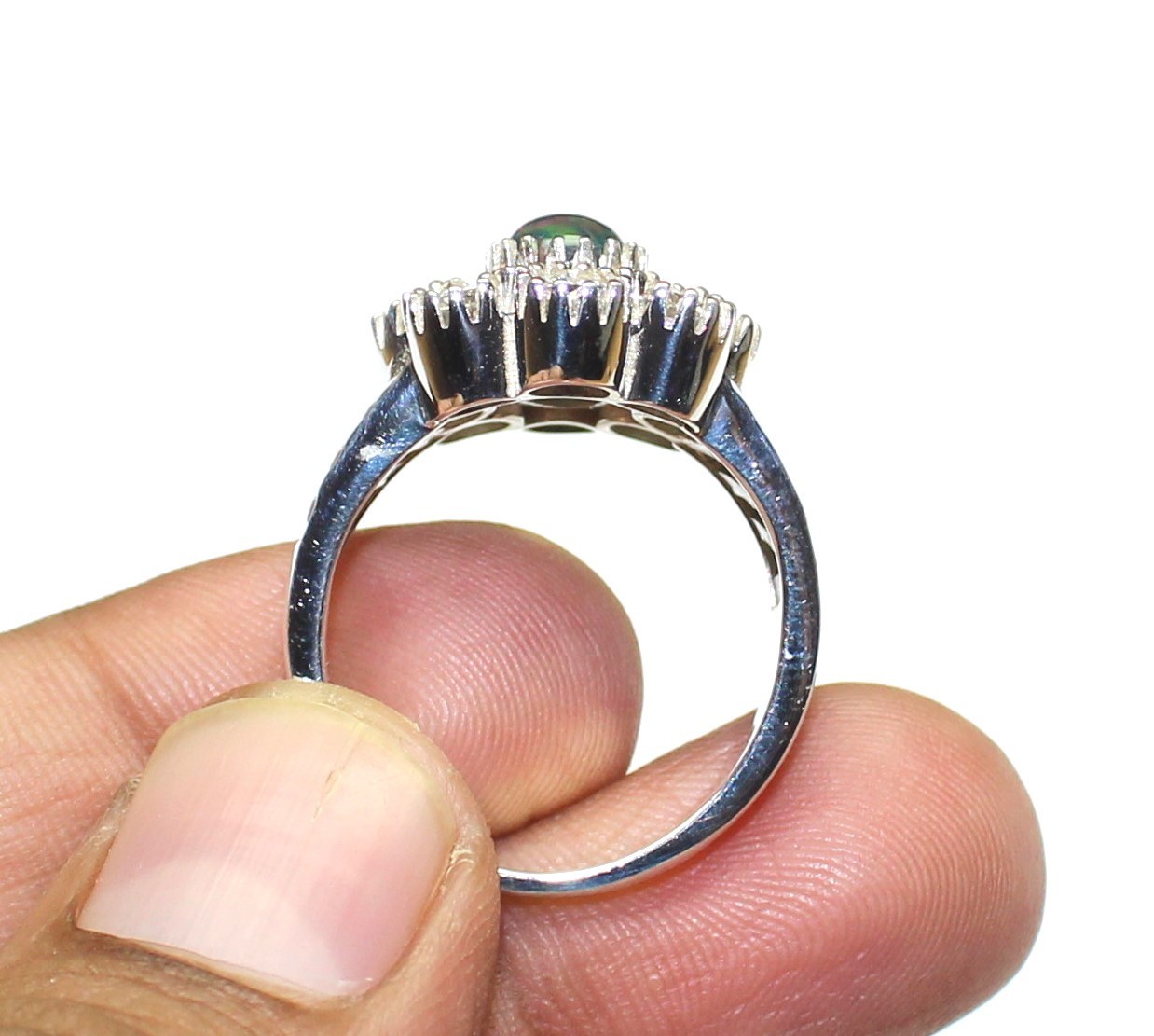 Black Opal Ring, Sparkle Moissanite 925 Silver Ring, Unique Engagement Jewelry