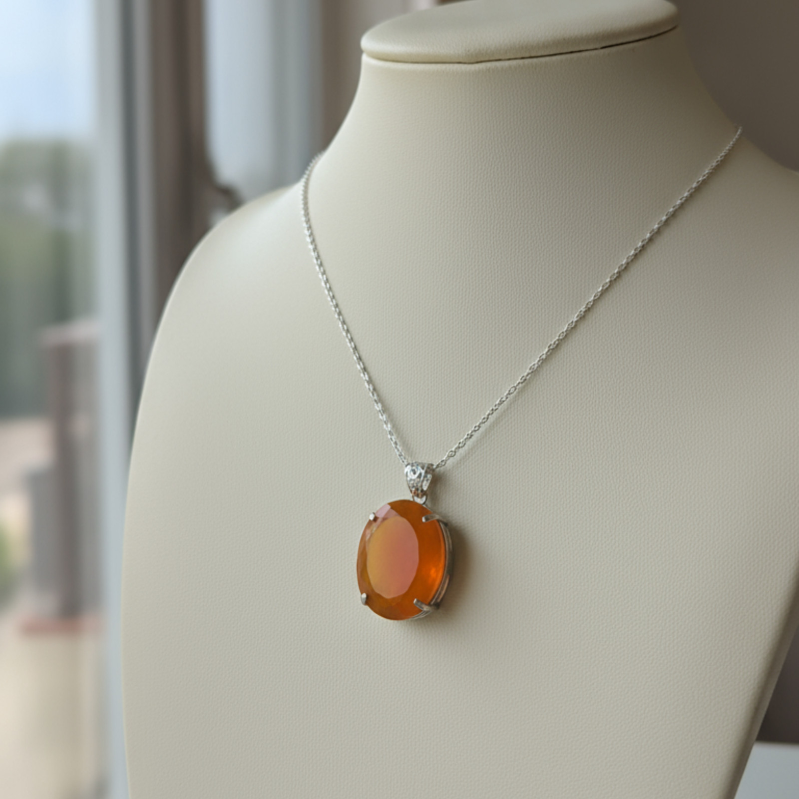 Orange Opal Oval Cut Pendant Necklace | Natural Gemstone Jewelry With Free Chain