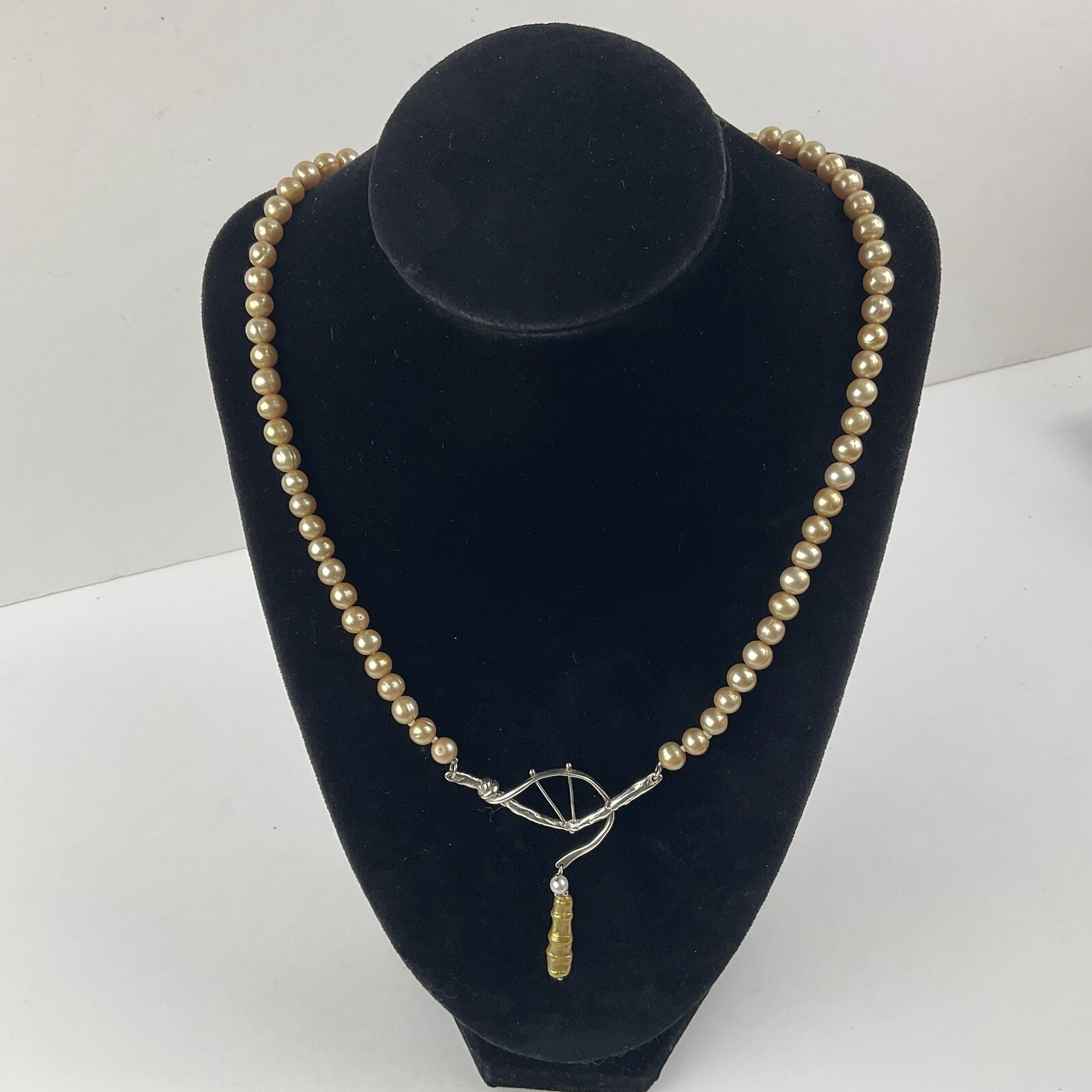 Artisan Sterling Silver Baroque Dangle Pendant Necklace Golden Pearl Near Round