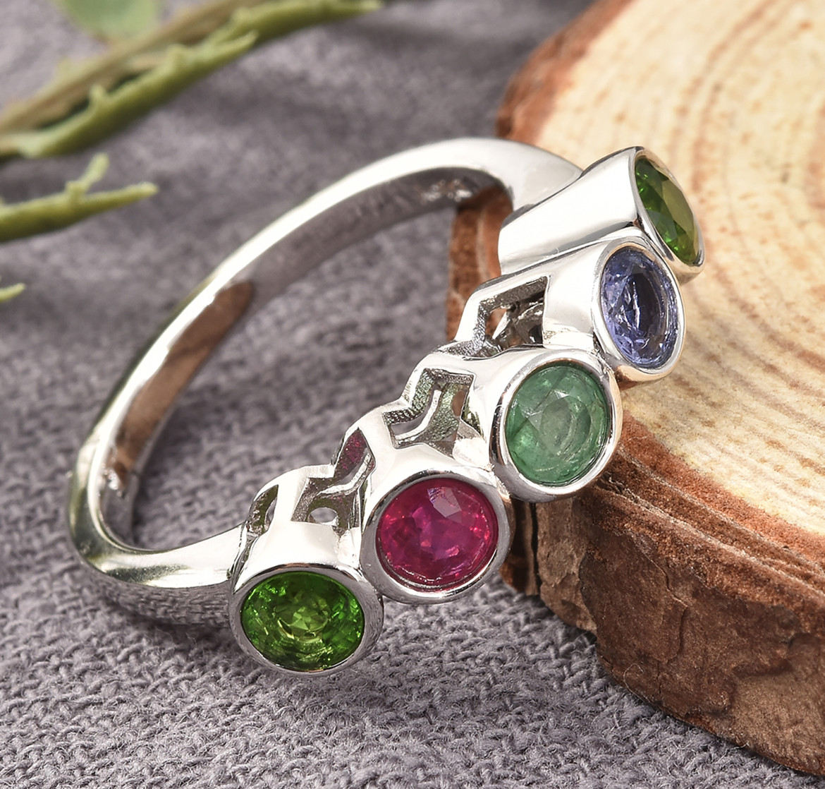 MODERN Multi Tanzanite Diopside Ruby 5 Gemstones Band Ring (7) Sterling 1.50ctw