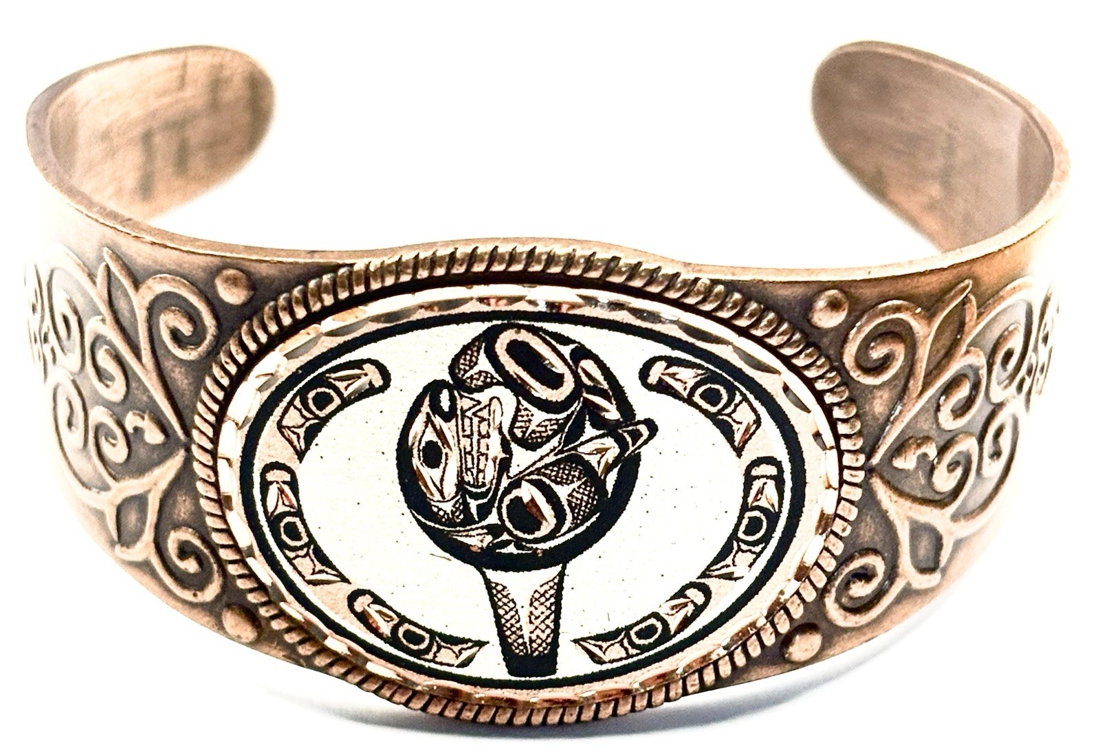 Copper Adjustable Cuff Bracelet – Oval Raised Center Horse Art Design