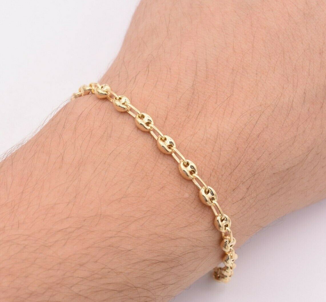 4.5mm Puffed Anchor Mariner Ankle Bracelet 14K Yellow Gold Plated Silver 925