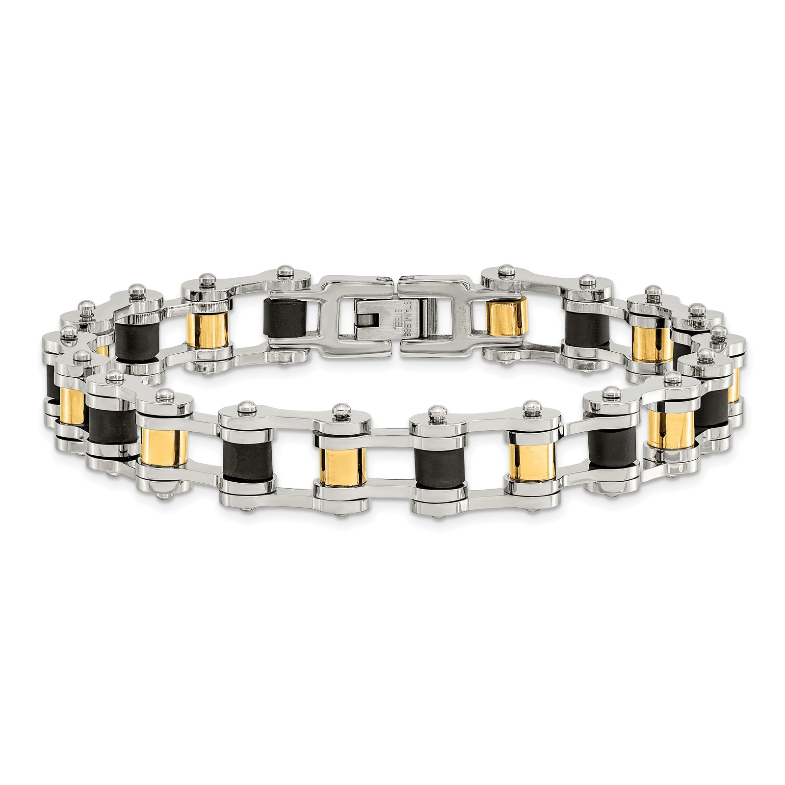 Chisel Stainless Steel Polished Yellow IP-plated with Black Rubber 8.75 inch Bra