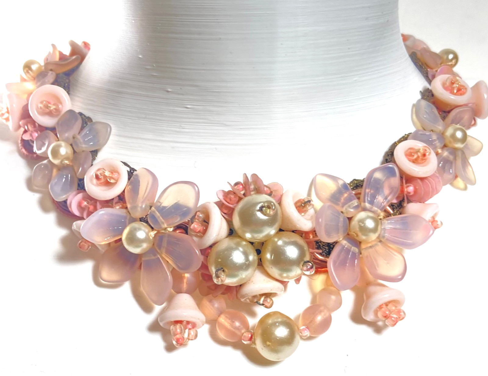 Vtg W Germany Wired Molded Glass Flower Cluster Pink Fruit Salad Necklace 15.5″