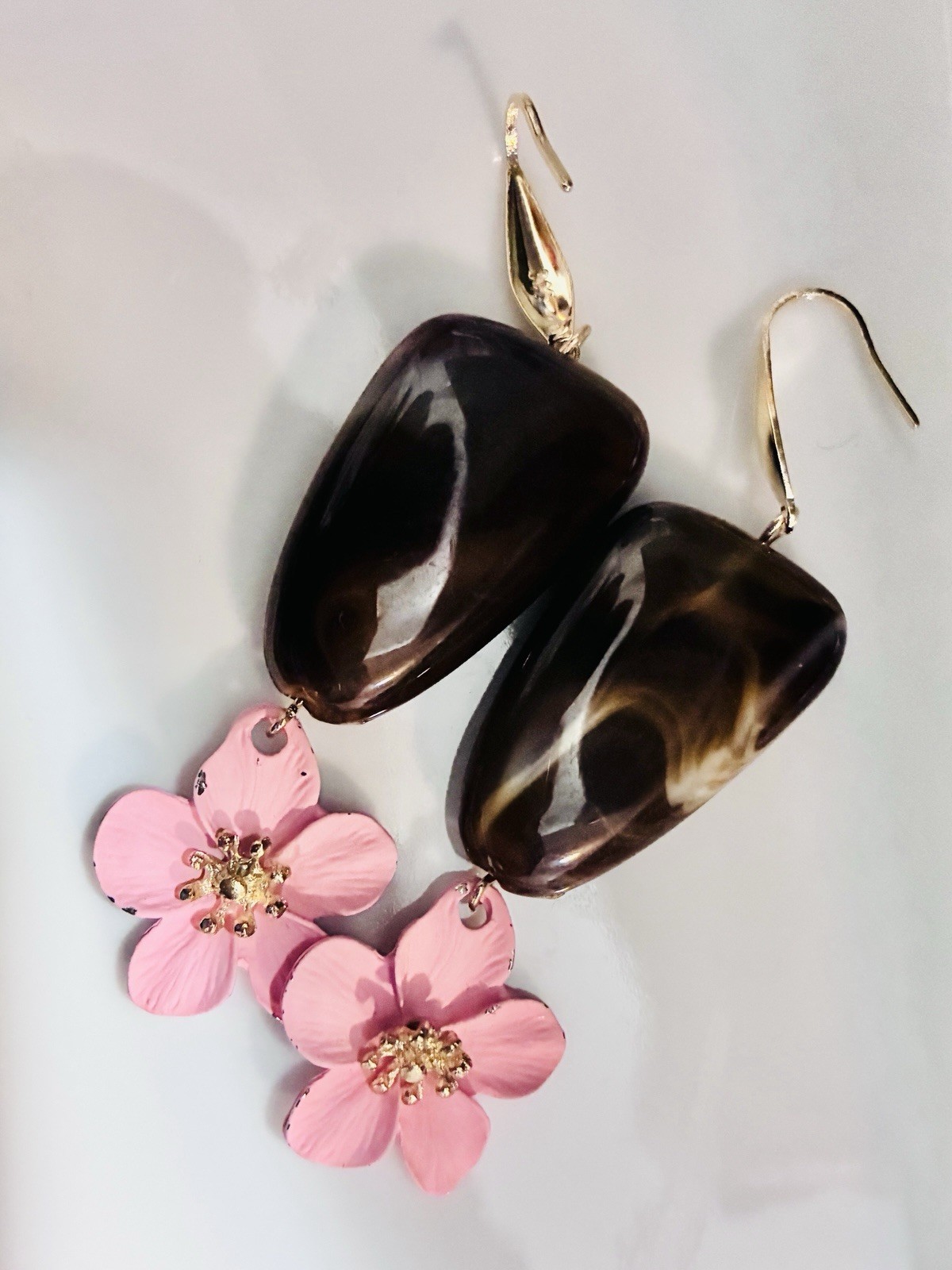 Marble Pink Flower Mid-Century, Modern Earrings, High Quality,